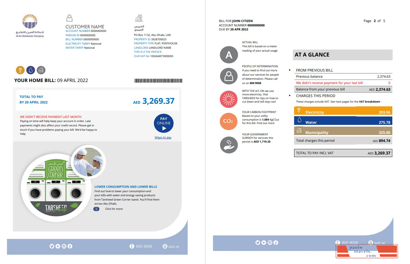 UAE Abu Dhabi Al Ain Distribution Co. Word and PDF utility bill template (5 pages) 1 2